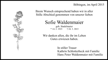 Traueranzeige von Sofie Waldenmaier von Gmünder Tagespost