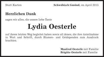 Traueranzeige von Lydia Oesterle von Gmünder Tagespost