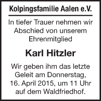 Traueranzeige von Karl Hitzler von Schwäbische Post