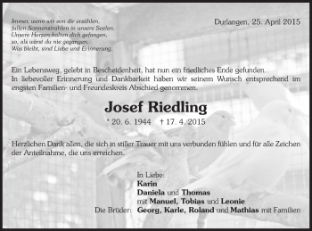 Traueranzeige von Josef Riedling von Gmünder Tagespost