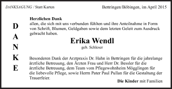 Traueranzeige von Erika Wendl von Gmünder Tagespost