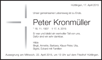 Traueranzeige von Peter Kronmüller von Schwäbische Post
