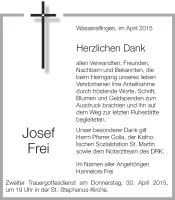 Traueranzeige von Josef Frei von Schwäbische Post