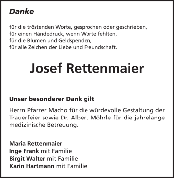 Traueranzeige von Josef Rettenmaier von Schwäbische Post