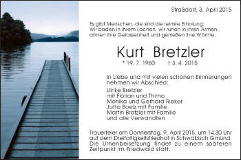 Traueranzeige von Kurt Bretzler von Gmünder Tagespost