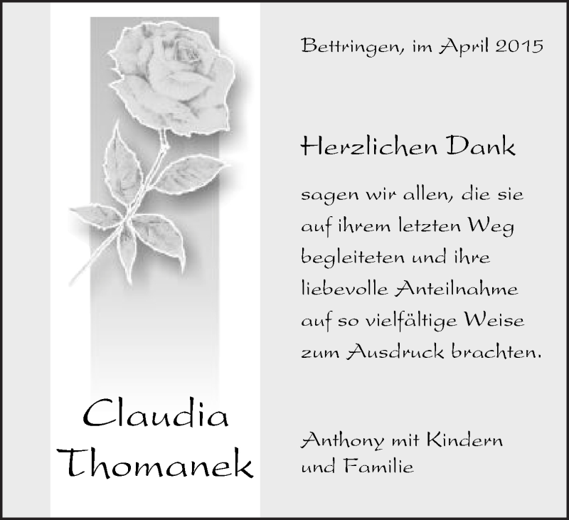  Traueranzeige für Claudia Thomanek vom 14.04.2015 aus Gmünder Tagespost