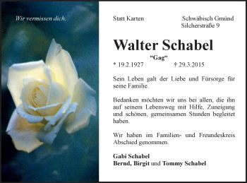 Traueranzeige von Walter Schabel von Gmünder Tagespost