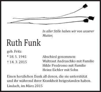 Traueranzeige von Ruth Funk von Gmünder Tagespost