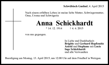 Traueranzeige von Anna Schickhardt von Gmünder Tagespost