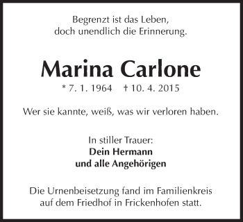 Traueranzeige von Marina Carlone von Gmünder Tagespost