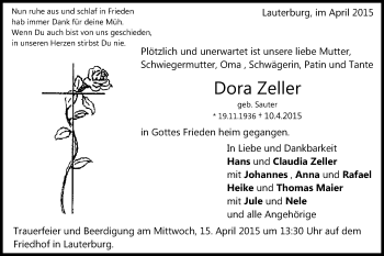 Traueranzeige von Dora Zeller von Schwäbische Post