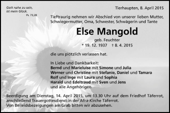 Traueranzeige von Else Mangold von Gmünder Tagespost