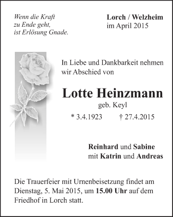 Traueranzeige von Lotte Heinzmann von Gmünder Tagespost