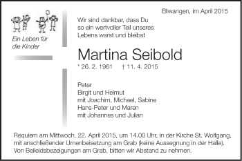 Traueranzeige von Martina Seibold von Schwäbische Post
