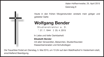 Traueranzeige von Wolfgang Bender von Schwäbische Post