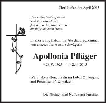 Traueranzeige von Apollonia Pflüger von Gmünder Tagespost