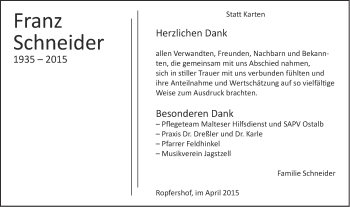 Traueranzeige von Franz Schneider von Schwäbische Post