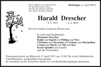 Traueranzeige von Harald Drescher von Gmünder Tagespost