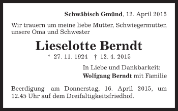 Traueranzeige von Lieselotte Berndt von Gmünder Tagespost