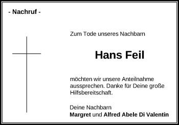 Traueranzeige von Hans Feil von Schwäbische Post