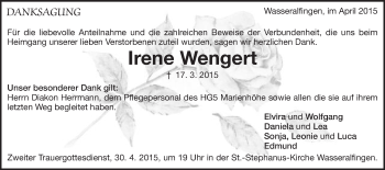 Traueranzeige von Irene Wengert von Schwäbische Post