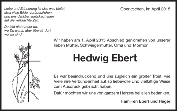 Traueranzeige von Hedwig Ebert von Schwäbische Post