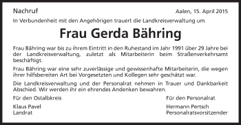 Traueranzeige von Gerda Bähring von Schwäbische Post