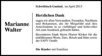 Traueranzeige von Marianne Walter von Gmünder Tagespost