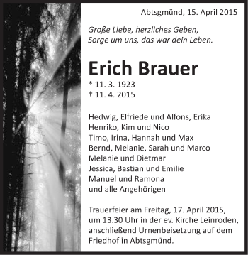 Traueranzeige von Erich Brauer von Schwäbische Post
