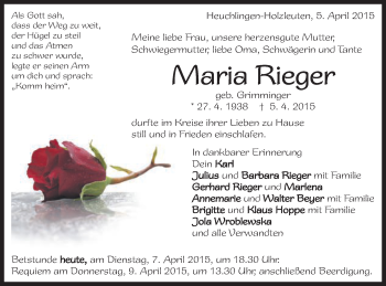 Traueranzeige von Maria Rieger von Schwäbische Post