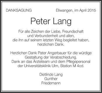 Traueranzeige von Peter Lang von Schwäbische Post