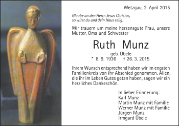 Traueranzeige von Ruth Munz von Gmünder Tagespost