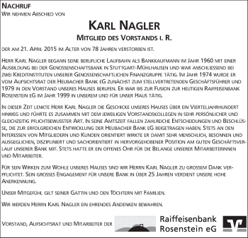 Traueranzeige von Karl Nagler von Gmünder Tagespost