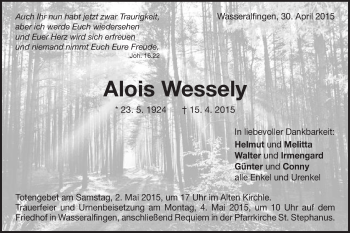 Traueranzeige von Alois Wessely von Schwäbische Post