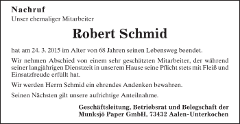 Traueranzeige von Robert Schmid von Schwäbische Post