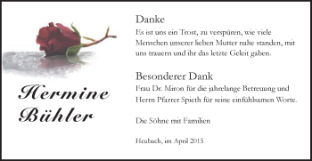 Traueranzeige von Hermine Bühler von Gmünder Tagespost