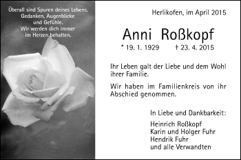 Traueranzeige von Anni Roßkopf von Gmünder Tagespost