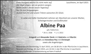 Traueranzeige von Albine Paa von Schwäbische Post