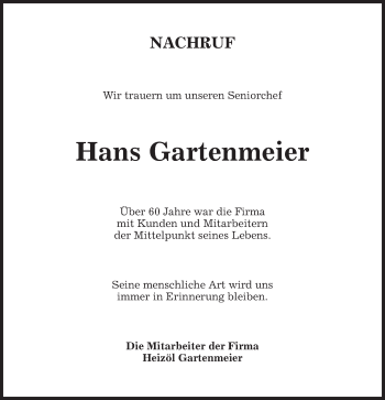 Traueranzeige von Hans Karl Gartenmeier von Schwäbische Post