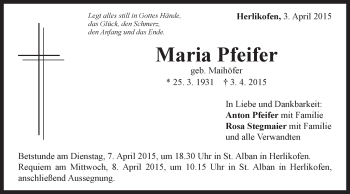 Traueranzeige von Maria Pfeifer von Gmünder Tagespost