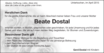 Traueranzeige von Beate Dostal von Schwäbische Post