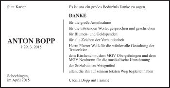 Traueranzeige von Anton Bopp von Schwäbische Post