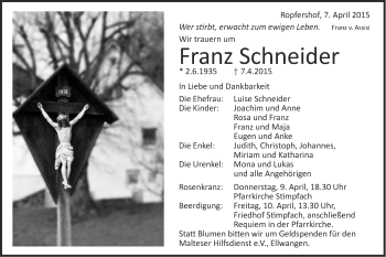 Traueranzeige von Franz Schneider von Schwäbische Post