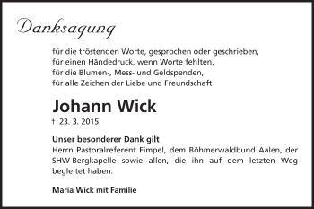 Traueranzeige von Johann Wick von Schwäbische Post