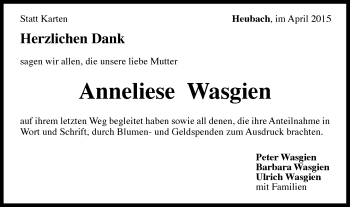 Traueranzeige von Anneliese Wasgien von Gmünder Tagespost