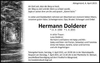 Traueranzeige von Hermann Dolderer von Schwäbische Post