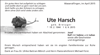 Traueranzeige von Ute Harsch von Schwäbische Post