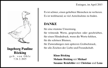 Traueranzeige von Ingeborg Pauline Böcking von Schwäbische Post