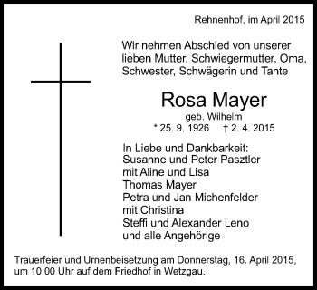 Traueranzeige von Rosa Mayer von Gmünder Tagespost