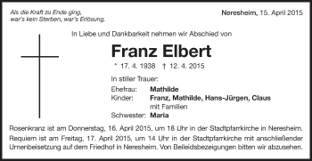 Traueranzeige von Franz Elbert von Schwäbische Post